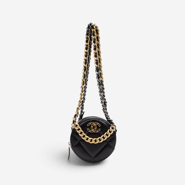 Chanel Black Large Quilted Lambskin 19 Round Chain Small Clutch Bag GTU0730