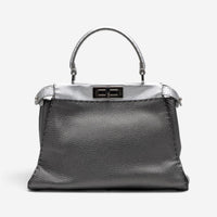 Fendi Peekaboo Grey/Silver Pebbled Calfskin Leather Medium Selleria Bag GTU0759