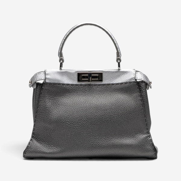 Fendi Peekaboo Grey/Silver Pebbled Calfskin Leather Medium Selleria Bag GTU0759