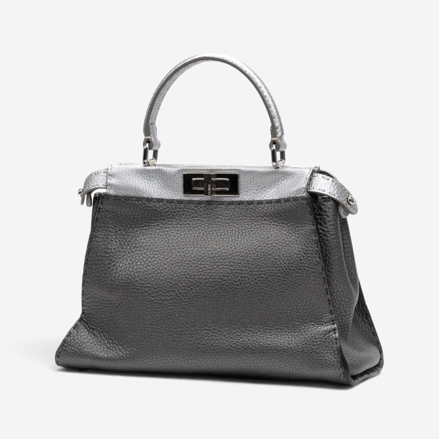 Fendi Peekaboo Grey/Silver Pebbled Calfskin Leather Medium Selleria Bag GTU0759