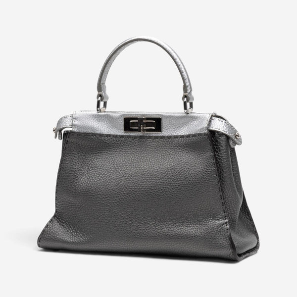 Fendi Peekaboo Grey/Silver Pebbled Calfskin Leather Medium Selleria Bag GTU0759