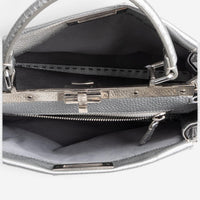 Fendi Peekaboo Grey/Silver Pebbled Calfskin Leather Medium Selleria Bag GTU0759