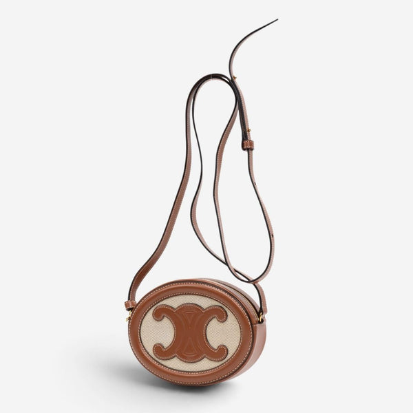 Celine Brown & Beige Woven Canvas Triomphe Mini Oval Crossbody Bag GTU0784