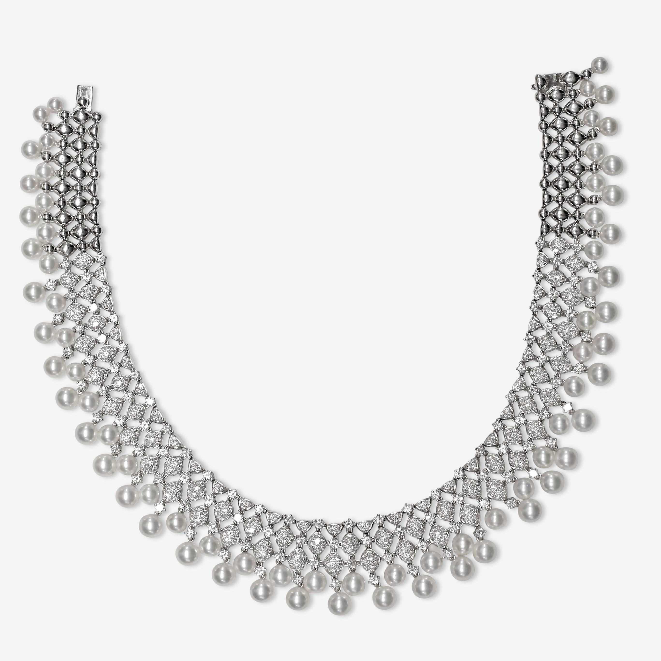 Goshwara G-One 18K White Gold Diamond & Cultured Pearl Choker Necklace WG0002