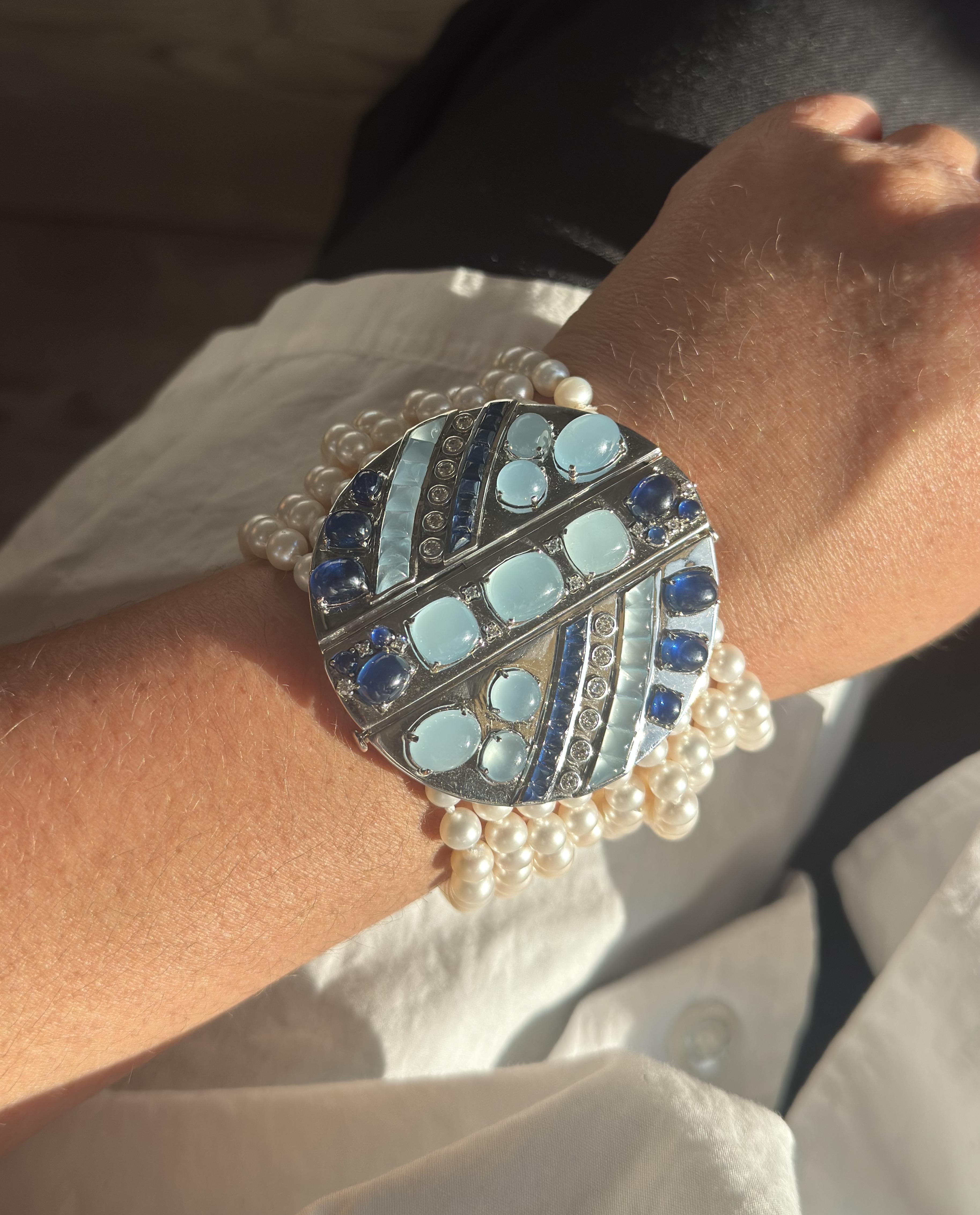 Seaman Schepps 18K White Gold Pearl, Aquamarine, Sapphire and Diamond Multi-Strand Bracelet OG-36079 - THE SOLIST
