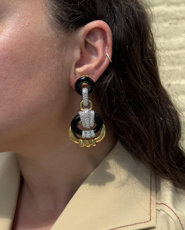 David Webb Creole 18K Yellow Gold Platinum Diamond Onyx Drop Earrings OG-36309 - THE SOLIST