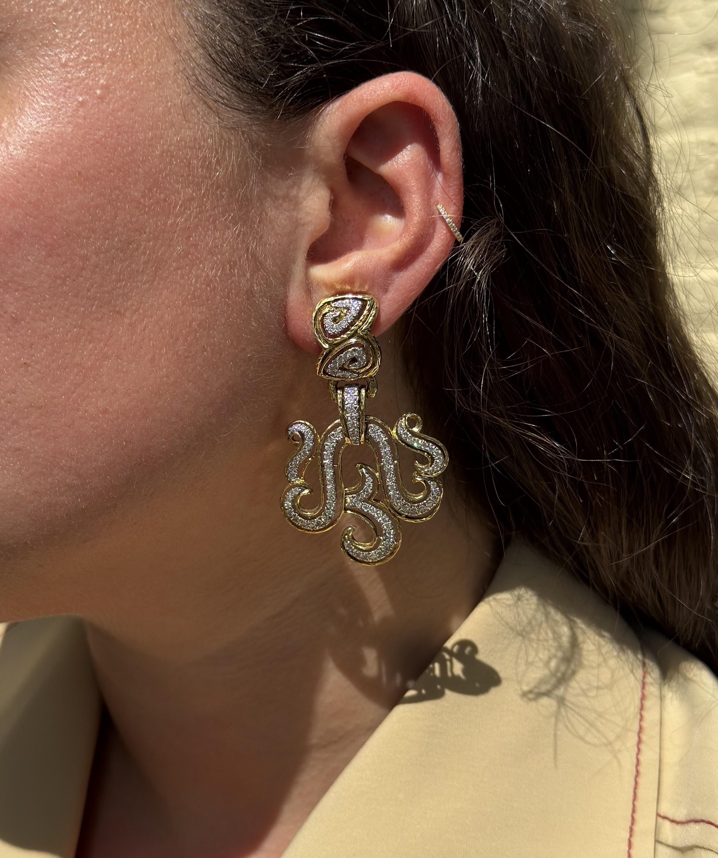 David Webb 18K Yellow Gold and Platinum Diamond Scroll Drop Earrings OG-36308 - THE SOLIST