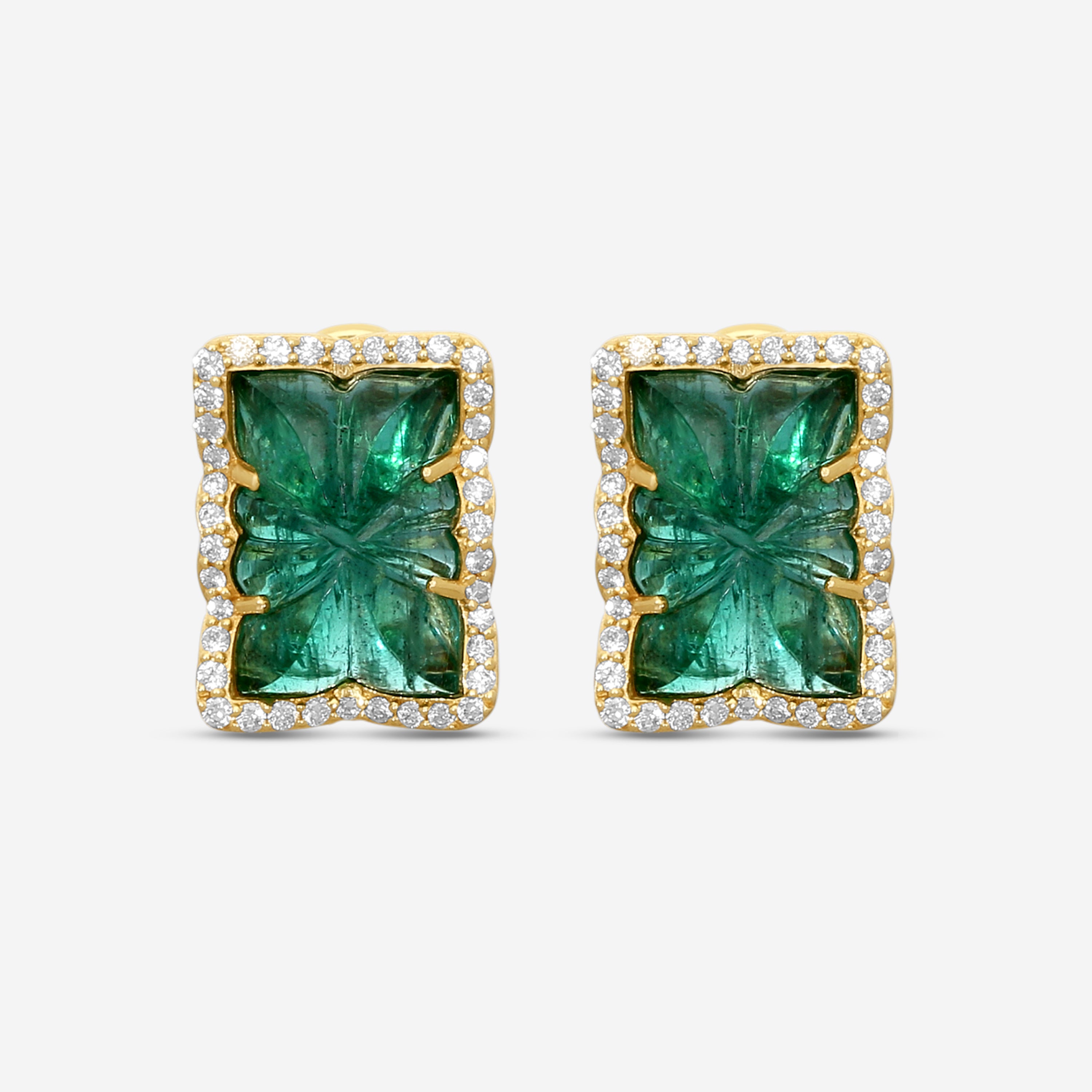 Goshwara G-One 18K Yellow Gold Carved Emerald & Diamond Earrings JE0518-EM-Y - THE SOLIST