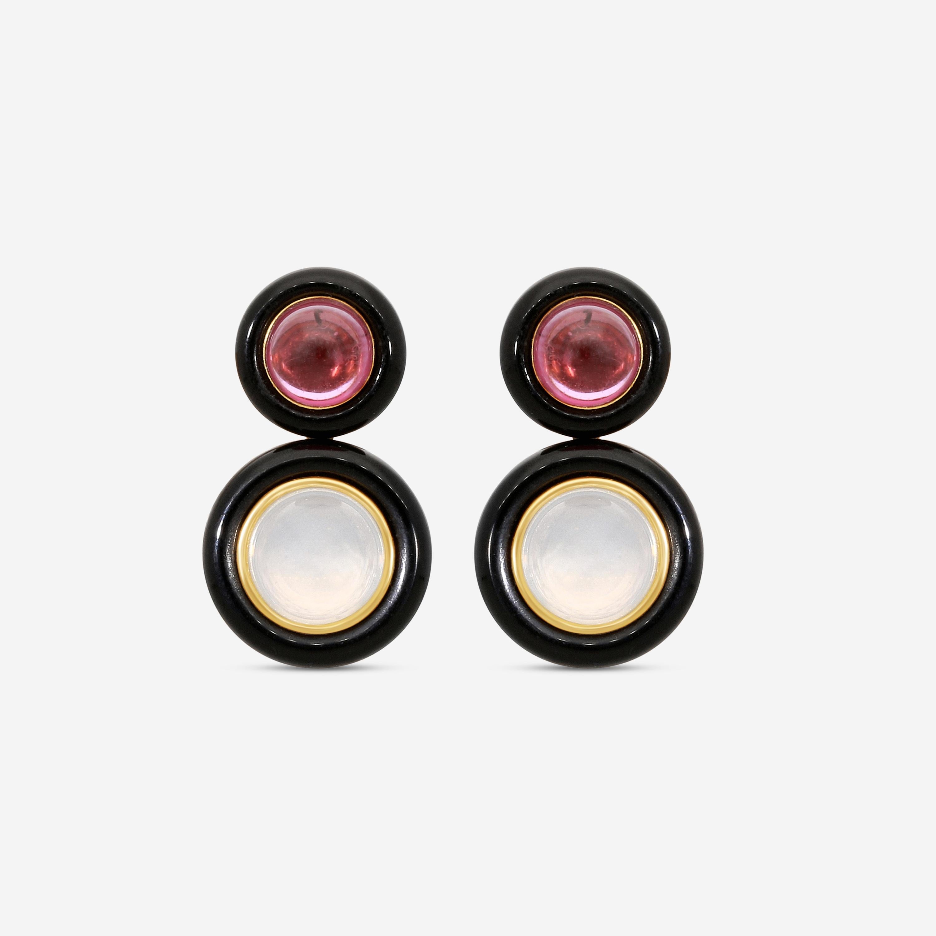 Goshwara 18K Yellow Gold Garnet, Moon Quartz & Onyx Earrings JE0528-GA-MQ-OX-Y