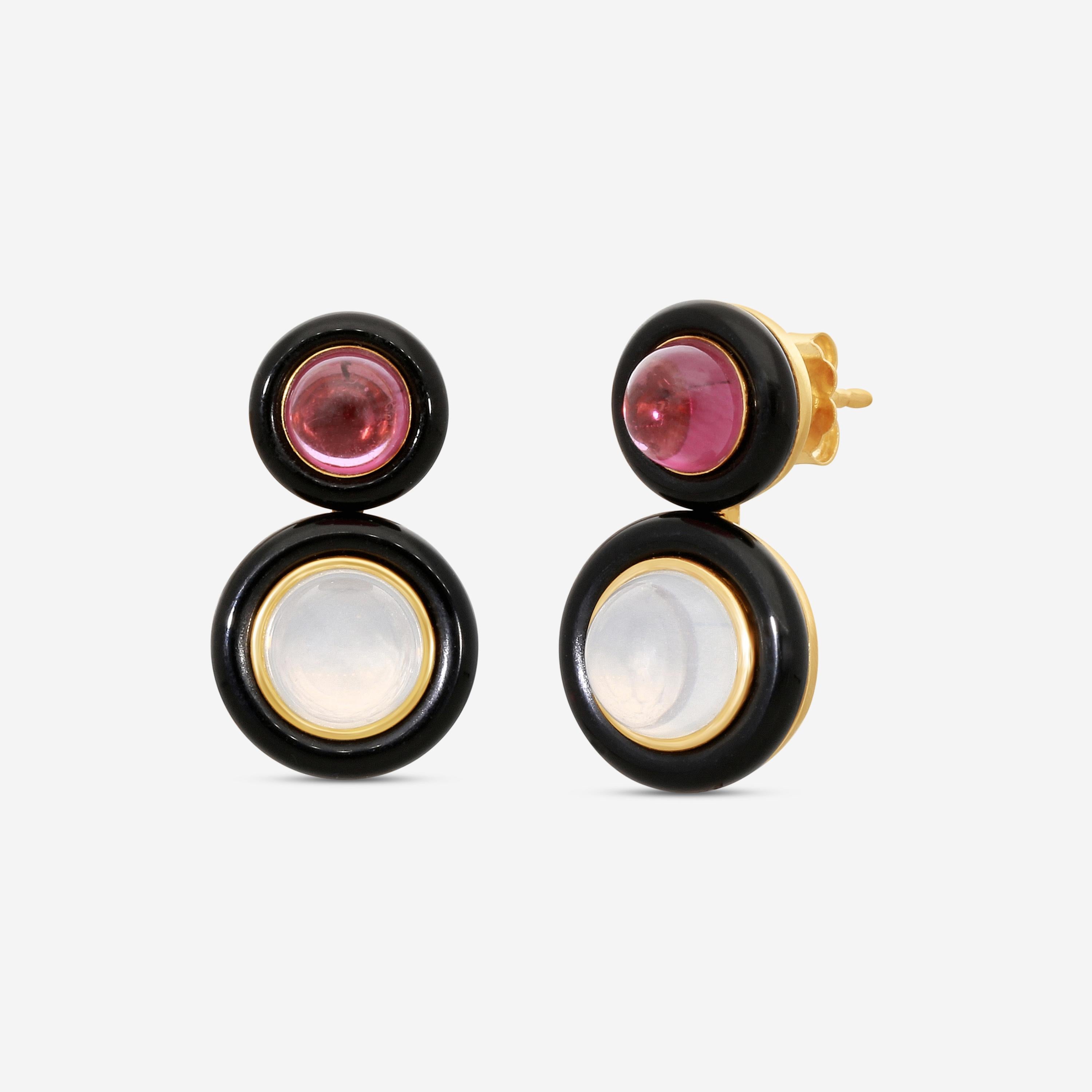Goshwara 18K Yellow Gold Garnet, Moon Quartz & Onyx Earrings JE0528-GA-MQ-OX-Y