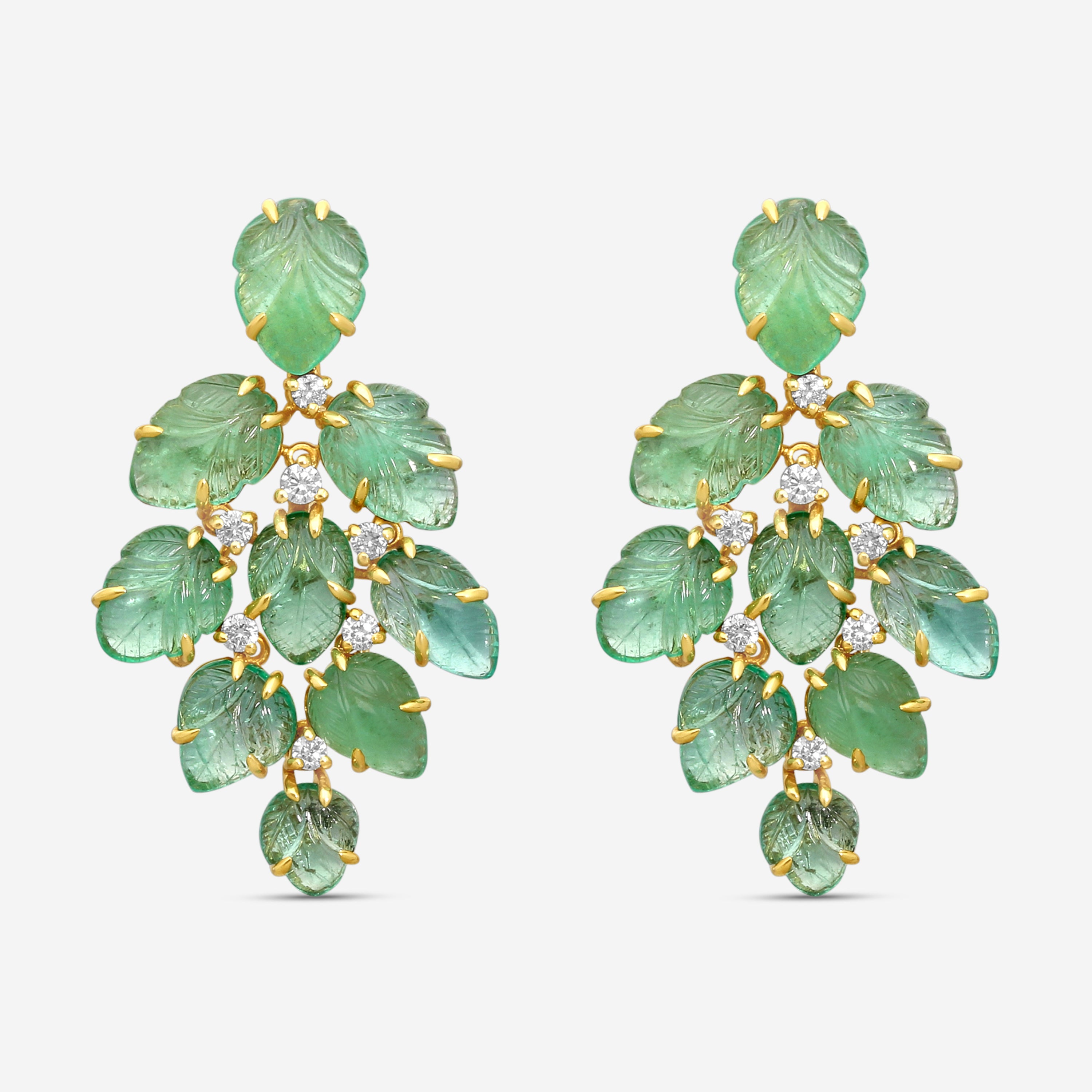 Goshwara G-One 18K Yellow Gold Carved Emerald Leaf & Diamond Earrings JE0708-EMY - THE SOLIST
