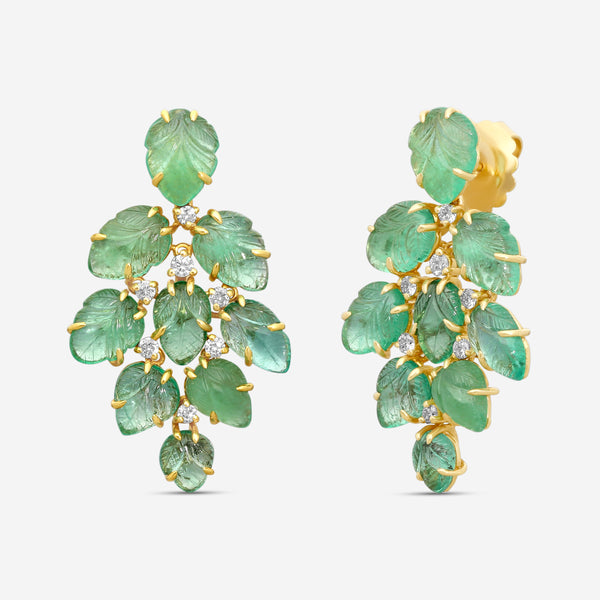 Goshwara G-One 18K Yellow Gold Carved Emerald Leaf & Diamond Earrings JE0708-EMY - THE SOLIST