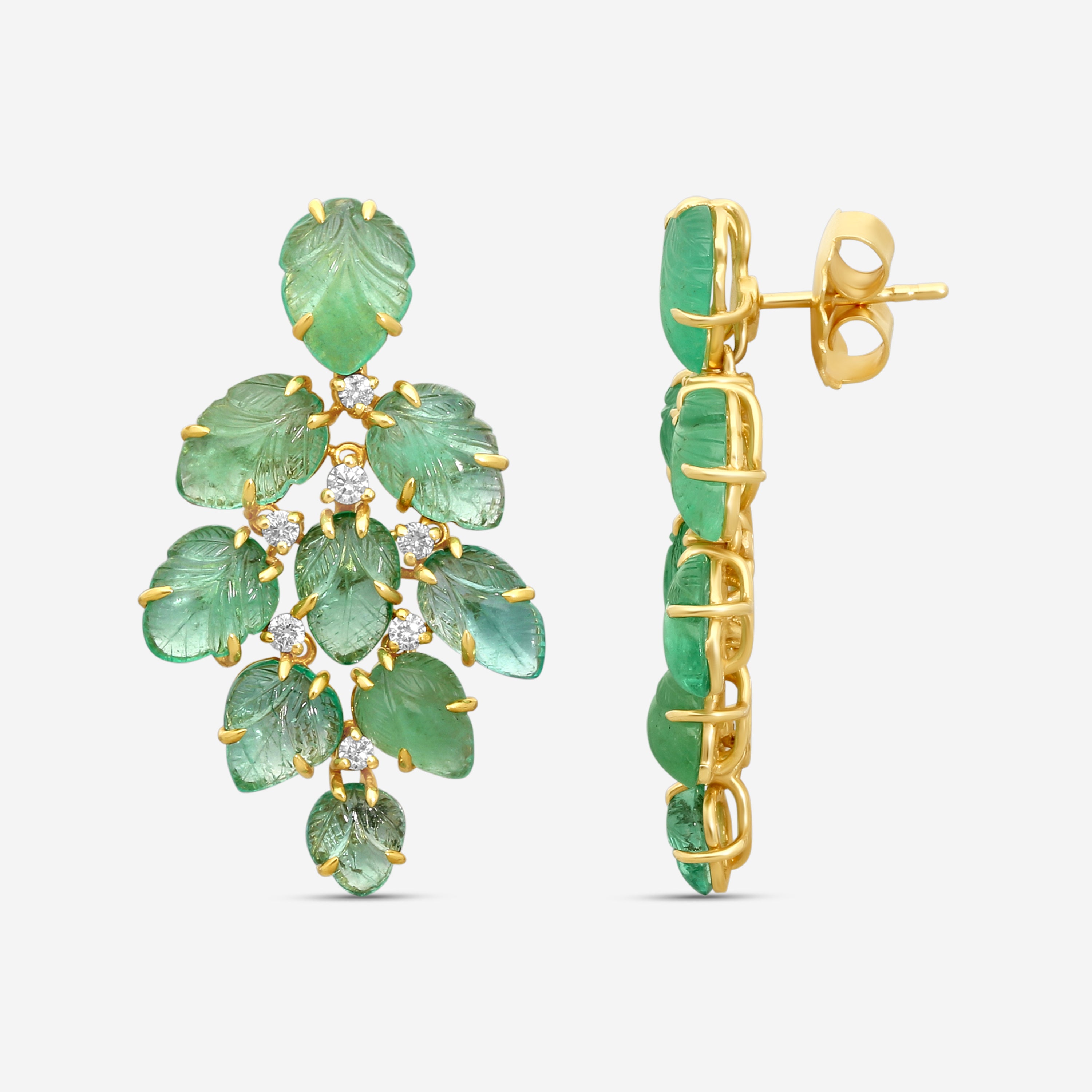 Goshwara G-One 18K Yellow Gold Carved Emerald Leaf & Diamond Earrings JE0708-EMY - THE SOLIST