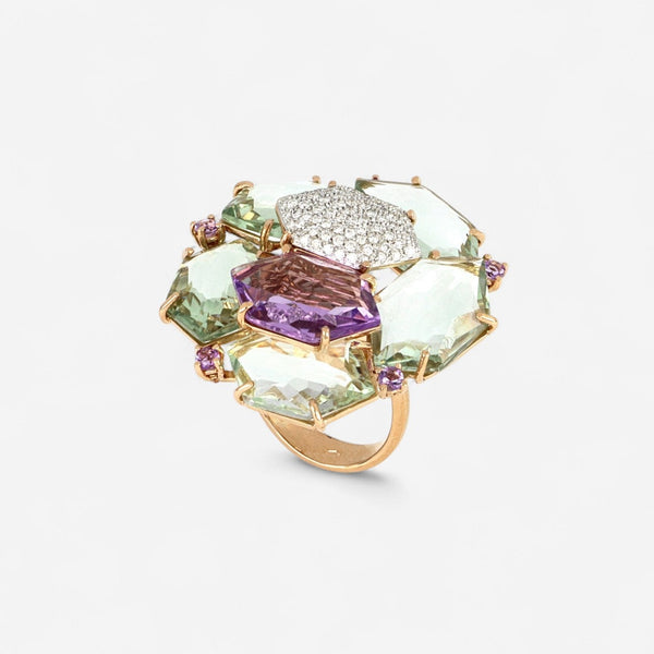 Tavanti Les Gemmes 18K Rose & White Gold Diamond, Green Amethyst & Amethyst Ring Sz. 7 JF-2932F-74
