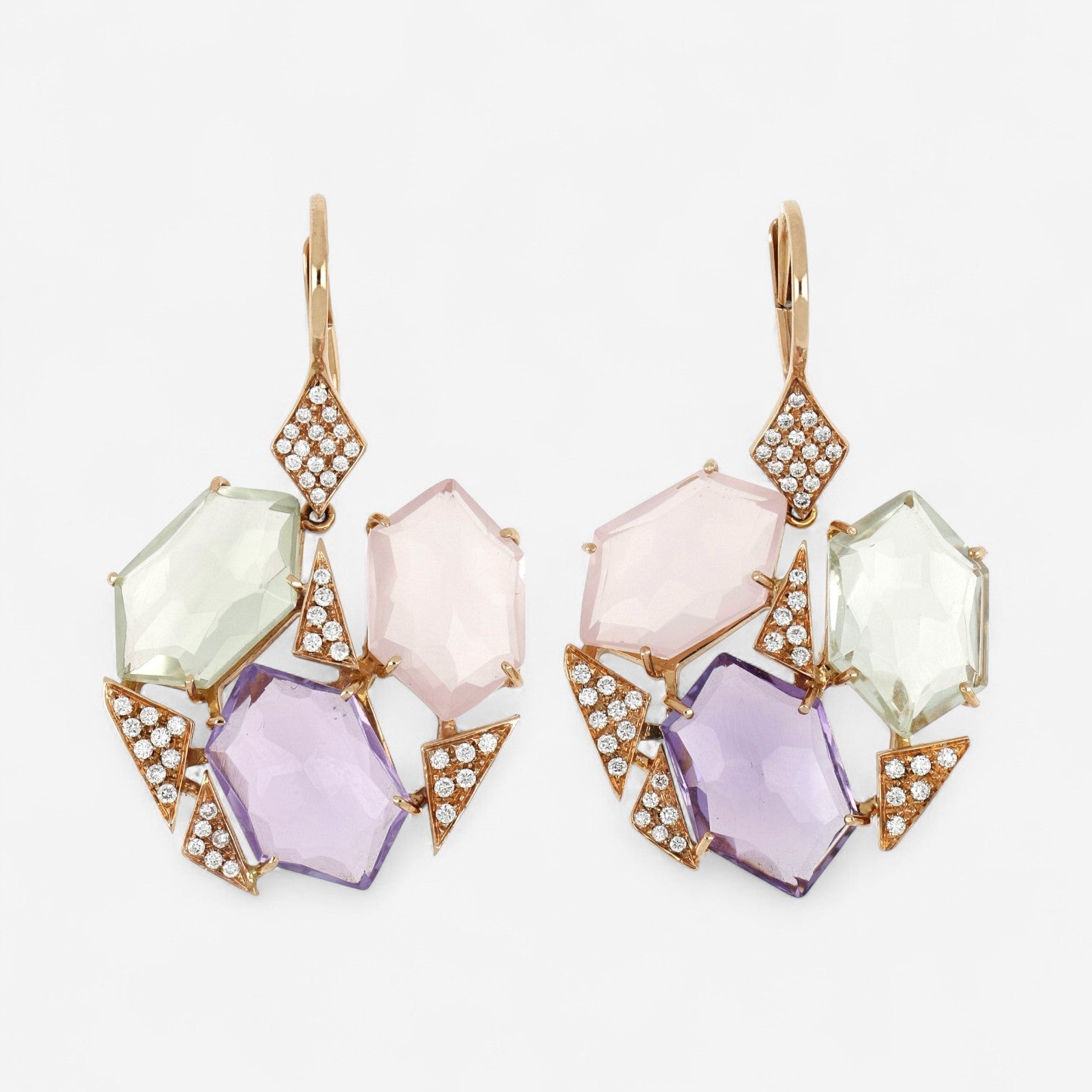 TAVANTI - 18KT Rose Gold, Green Amethyst, Amethyst,Pink Quartz Earring ( Diamonds 0.57ctw G SI, Amethyst, Green Amethyst)-JF-75-0841F - 81

Earrings are 45mm x 28mm. - THE SOLIST