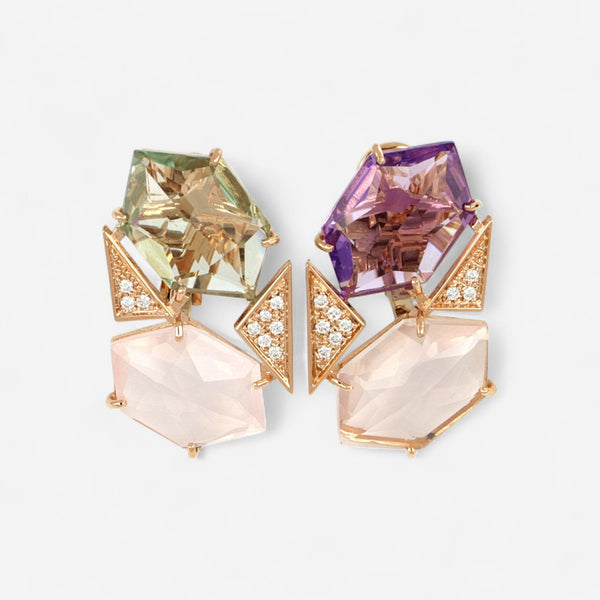 TAVANTI - 18KT Rose Gold, Green Amethyst, Amethyst,Pink Quartz Earring ( Diamonds 0.14ctw G SI, Amethyst, Green Amethyst)-JF-75-1155F - 84

Earrings are 28mmx 17mm. - THE SOLIST