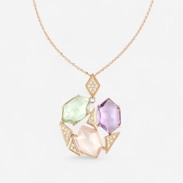 TAVANTI - 18KT Rose Gold, Green Amethyst, Amethyst,Pink Quartz Pendant ( Diamonds 0.22ctw G SI, Amethyst, Green Amethyst)-JF-82-2081F - 85

Necklace is 18" long, pendant 38mm x 28mm. - THE SOLIST