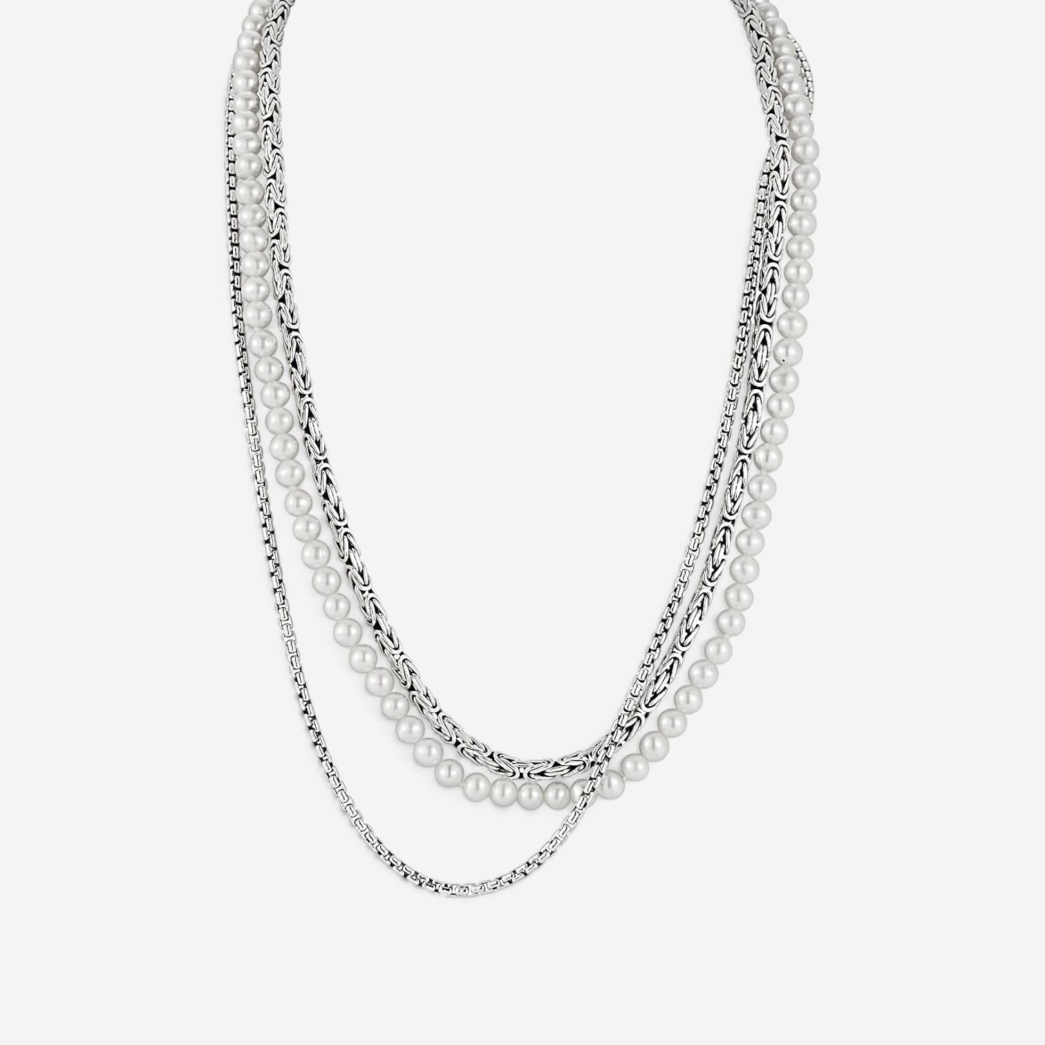JAI Sterling Silver Freshwater Pearl Multi-Strand Byzantine Box Chain Necklace J