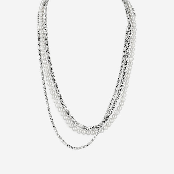JAI Sterling Silver Freshwater Pearl Multi-Strand Byzantine Box Chain Necklace J