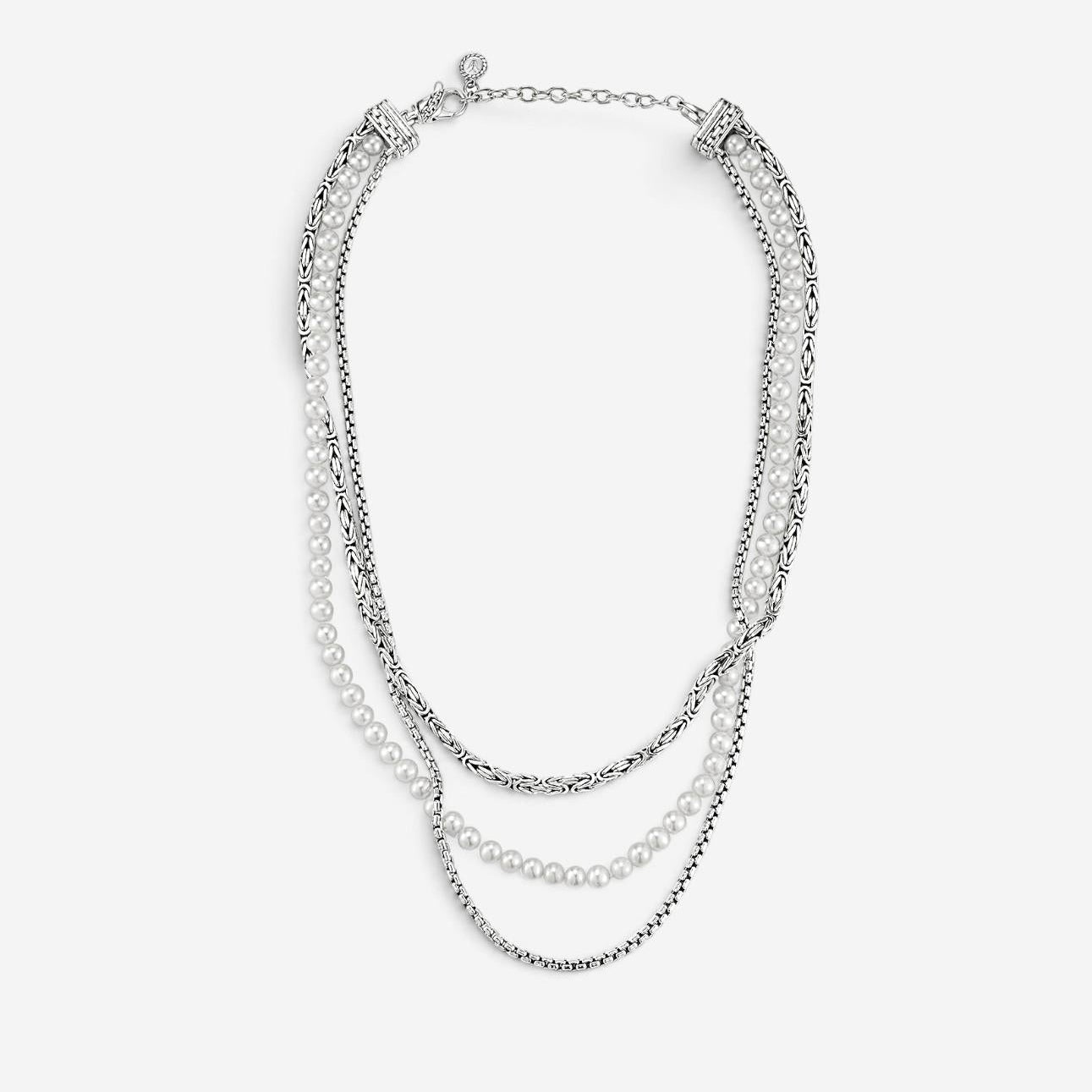 JAI Sterling Silver Freshwater Pearl Multi-Strand Byzantine Box Chain Necklace J