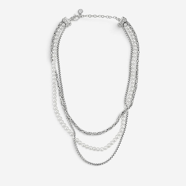 JAI Sterling Silver Freshwater Pearl Multi-Strand Byzantine Box Chain Necklace J
