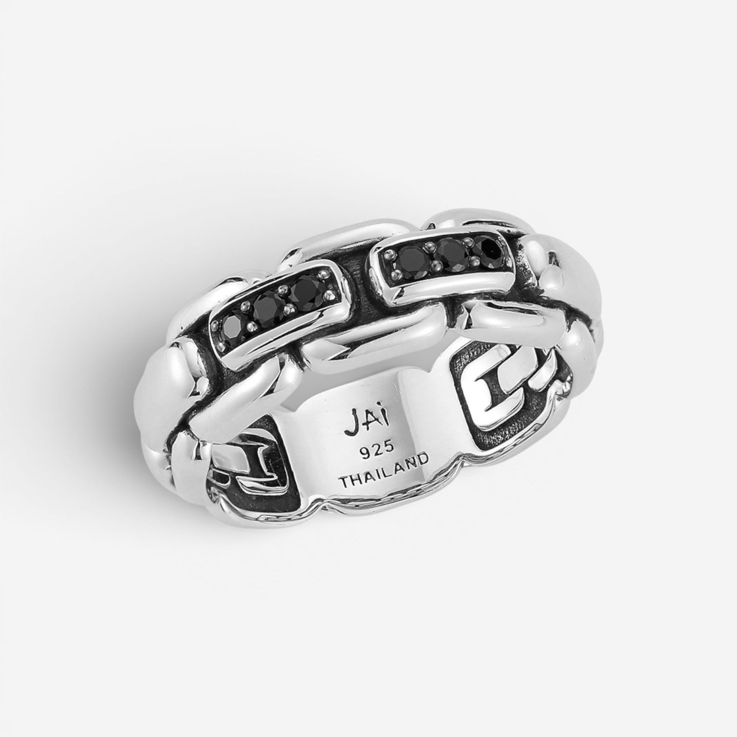 JAI Sterling Silver Black Spinel Box Chain Men's Band Ring JJH1045MR-BS