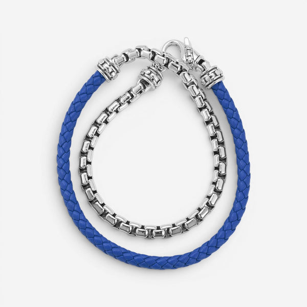 JAI Sterling Silver & Blue Leather Double Wrap Men's Bracelet JJH1046MB-BL