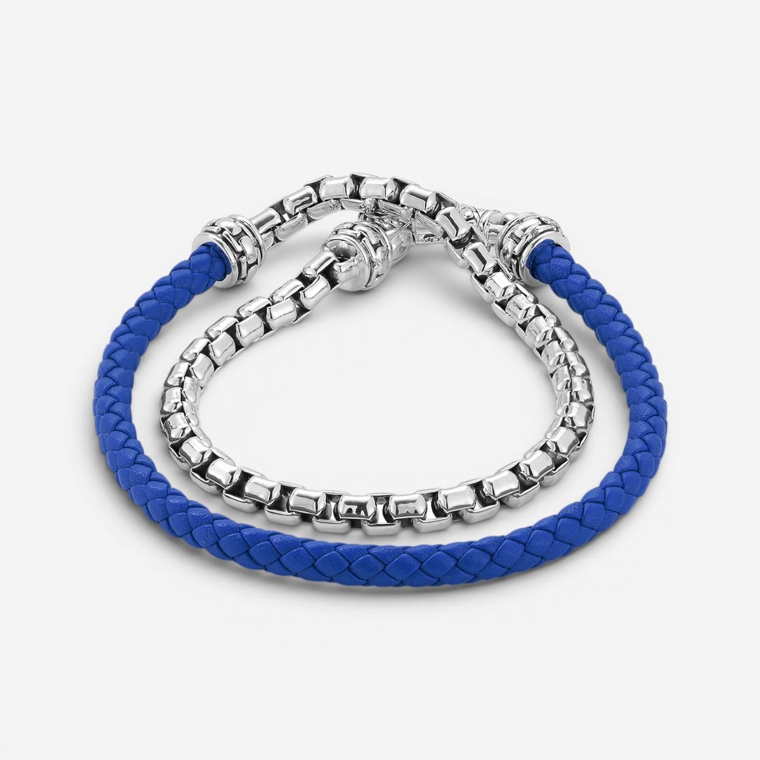 JAI Sterling Silver & Blue Leather Double Wrap Men's Bracelet JJH1046MB-BL