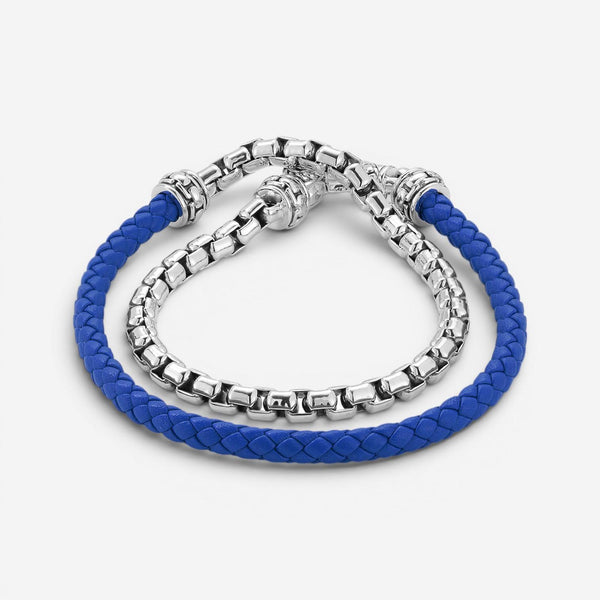 JAI Sterling Silver & Blue Leather Double Wrap Men's Bracelet JJH1046MB-BL