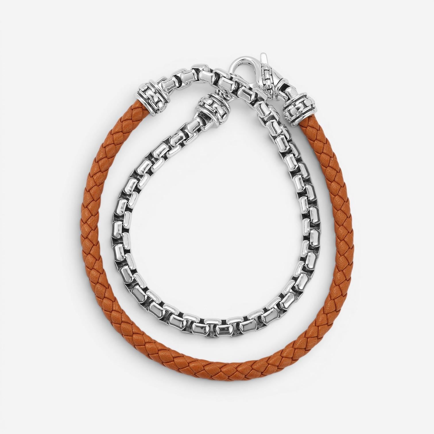JAI Sterling Silver & Brown Leather Double Wrap Men's Bracelet JJH1046MB-BR