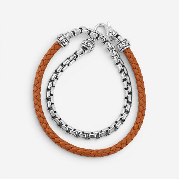 JAI Sterling Silver & Brown Leather Double Wrap Men's Bracelet JJH1046