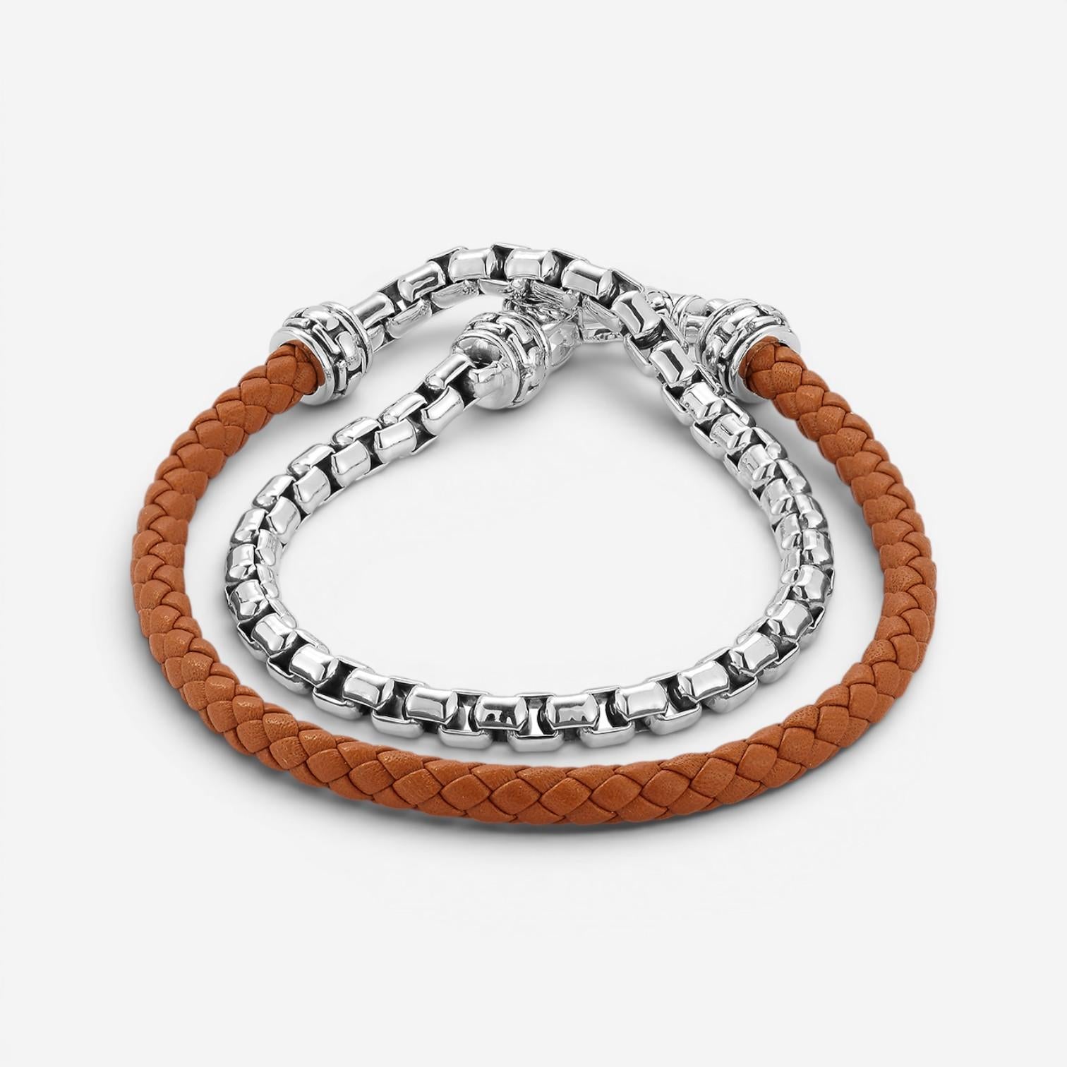 JAI Sterling Silver & Brown Leather Double Wrap Men's Bracelet JJH1046MB-BR