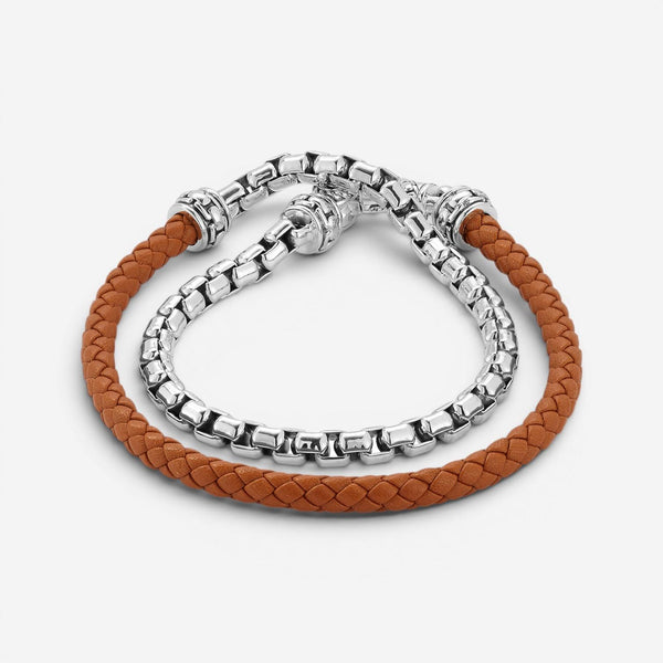 JAI Sterling Silver & Brown Leather Double Wrap Men's Bracelet JJH1046MB-BR