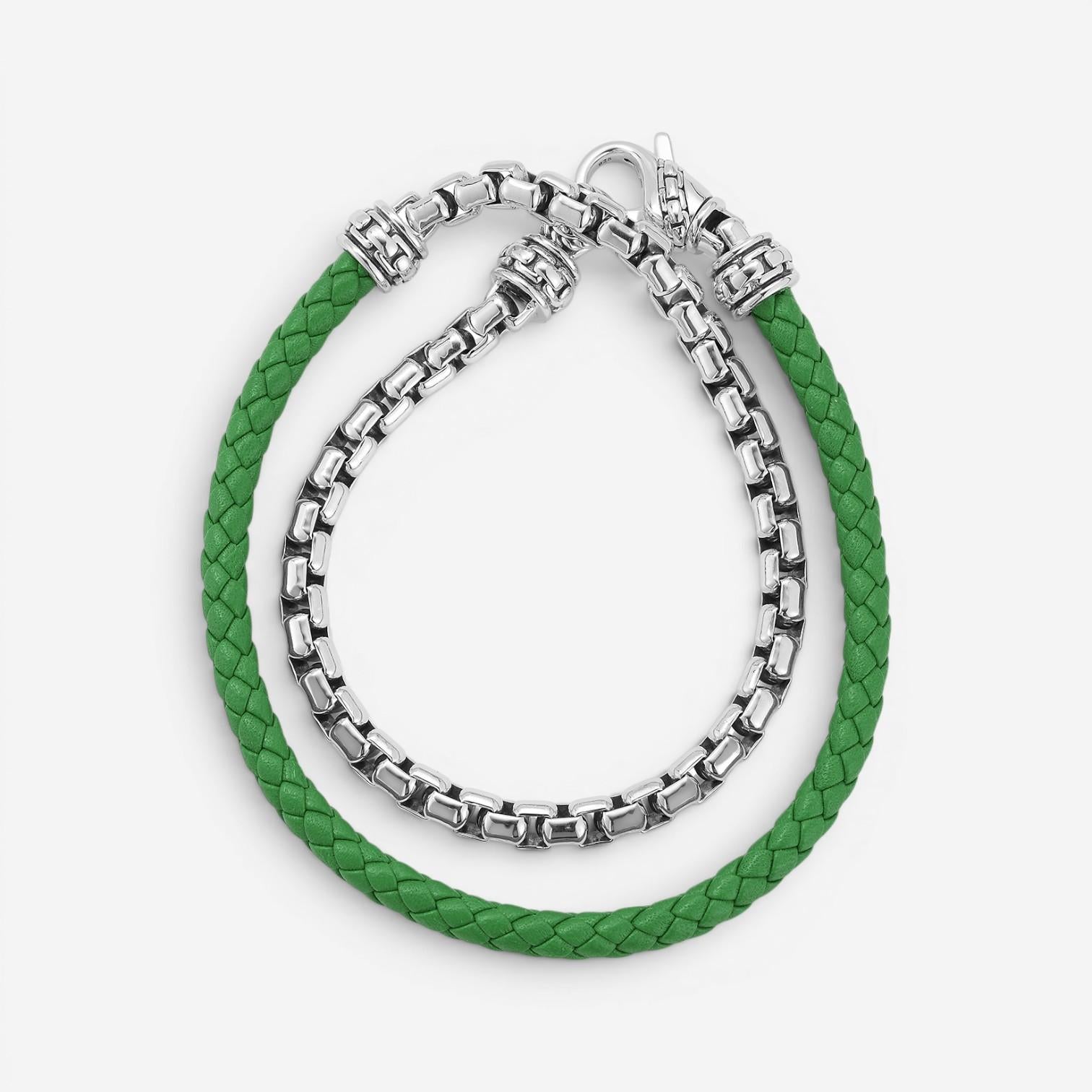 JAI Sterling Silver & Green Leather Double Wrap Men's Bracelet JJH1046MB-GR