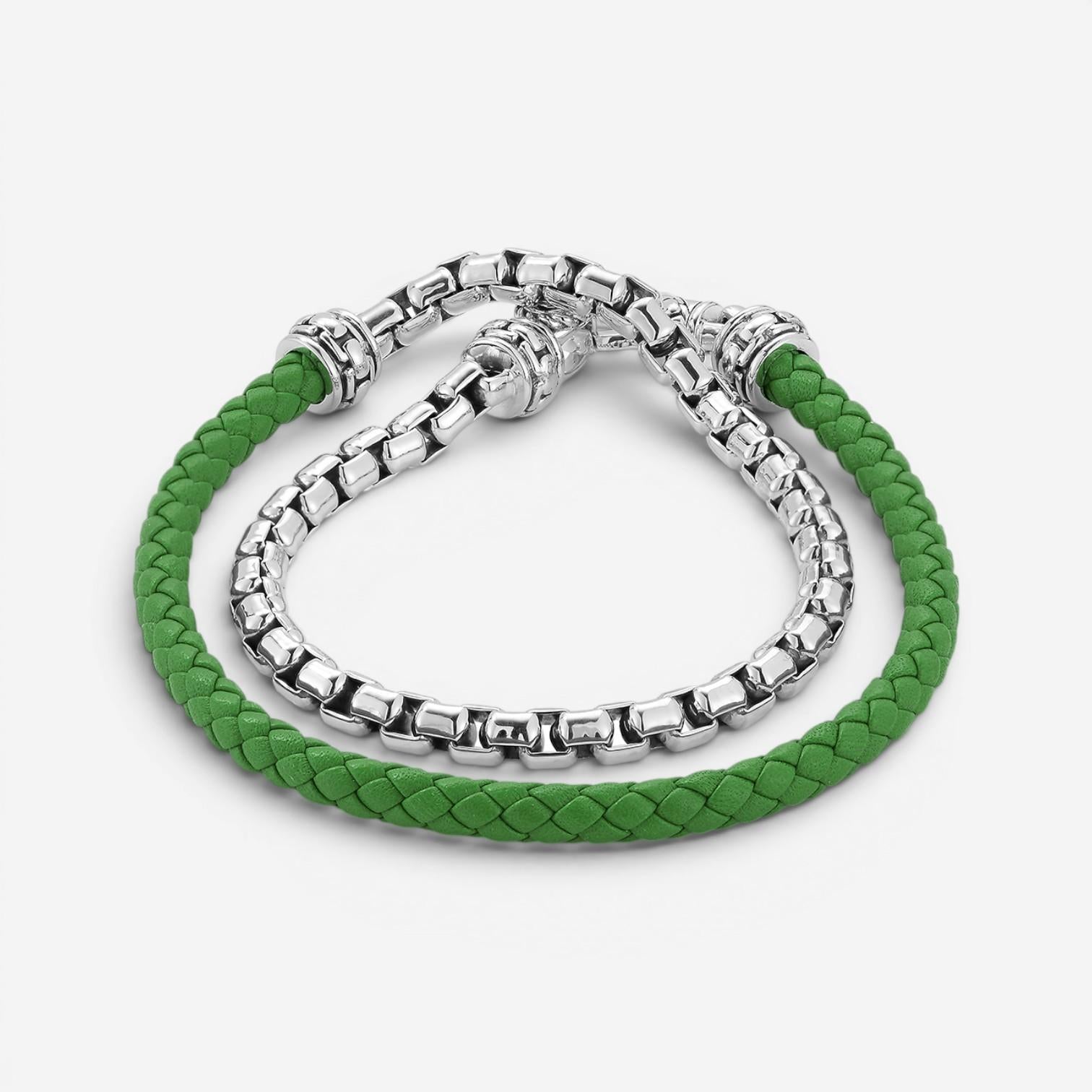 JAI Sterling Silver & Green Leather Double Wrap Men's Bracelet JJH1046MB-GR