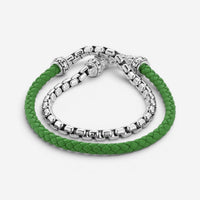 JAI Sterling Silver & Green Leather Double Wrap Men's Bracelet JJH1046MB-GR