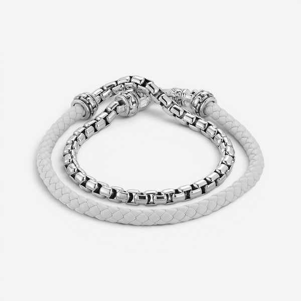 JAI Sterling Silver & White Leather Double Wrap Men's Bracelet JJH1046MB-WH