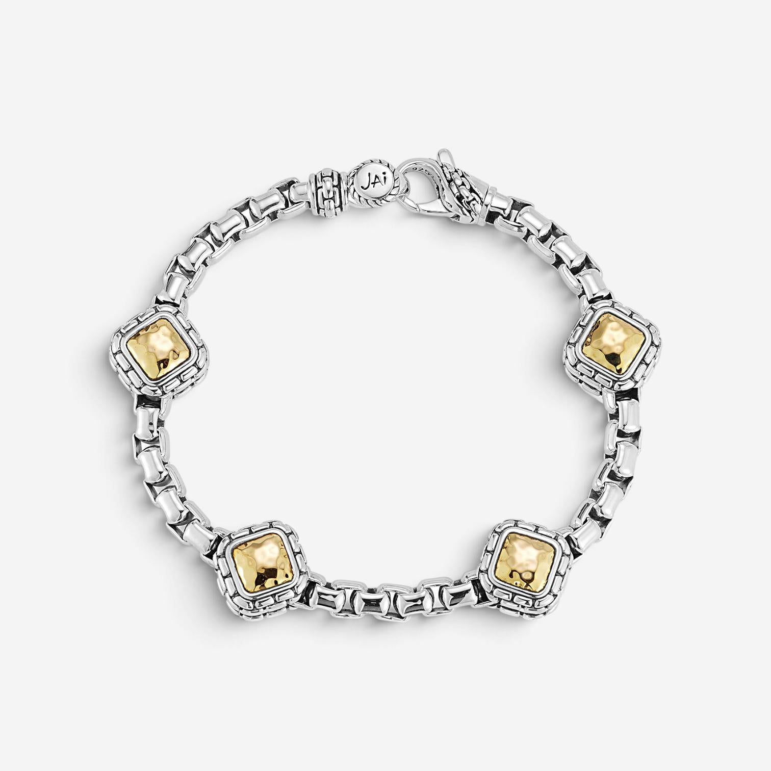 JAI Sterling Silver & 14K Yellow Gold Box Chain & Hammered Station Bracelet JJH3