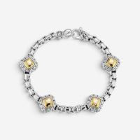 JAI Sterling Silver & 14K Yellow Gold Box Chain & Hammered Station Bracelet JJH3