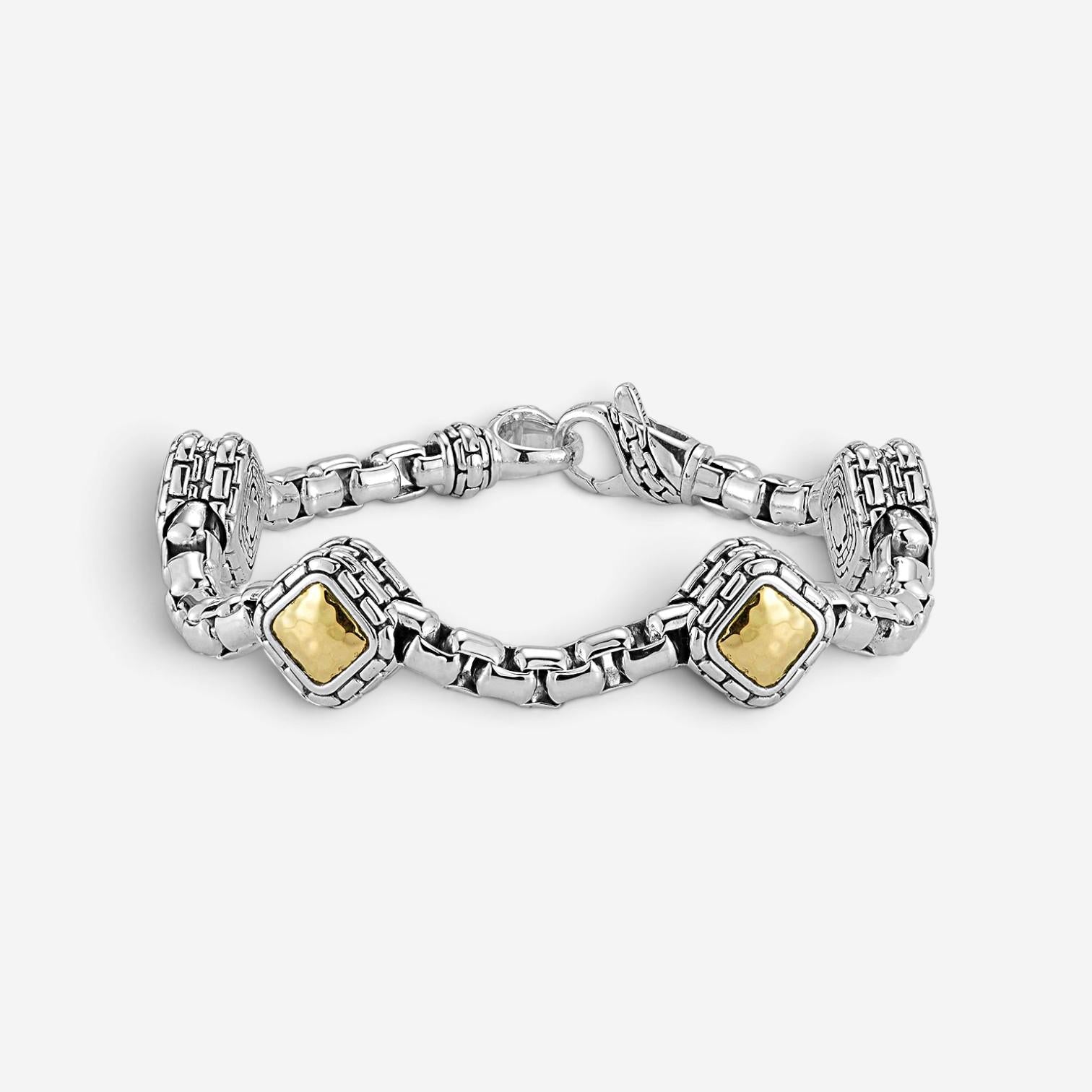 JAI Sterling Silver & 14K Yellow Gold Box Chain & Hammered Station Bracelet JJH3