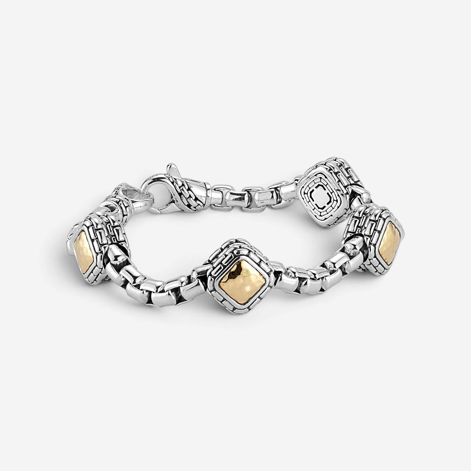 JAI Sterling Silver & 14K Yellow Gold Box Chain & Hammered Station Bracelet JJH3