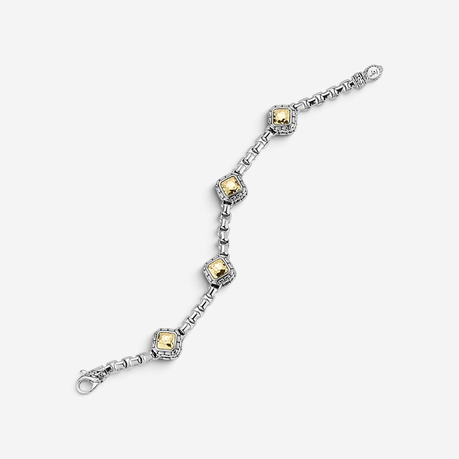 JAI Sterling Silver & 14K Yellow Gold Box Chain & Hammered Station Bracelet JJH3