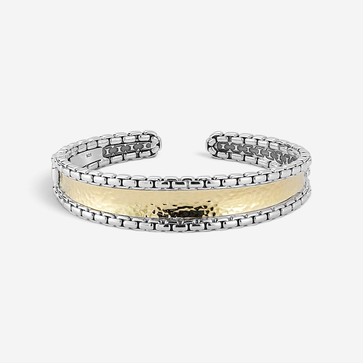 JAI Sterling Silver & 14K Yellow Gold Inlaid Hammered Cuff Bangle Bracelet JJH30