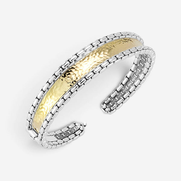 JAI Sterling Silver & 14K Yellow Gold Inlaid Hammered Cuff Bangle Bracelet JJH30