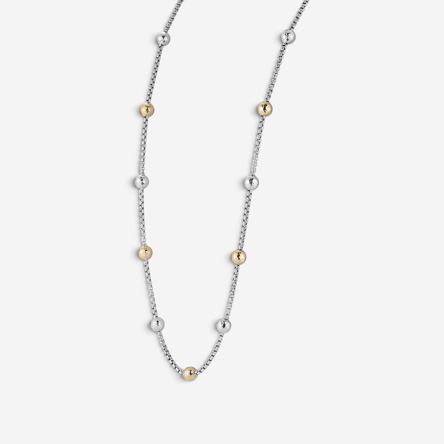 JAI Sterling Silver & 14K Yellow Gold Hammered Bead Box Chain Necklace JJH3027NG