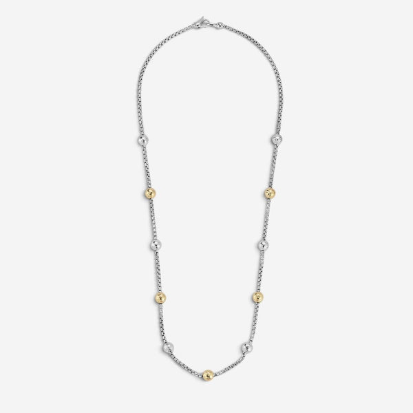JAI Sterling Silver & 14K Yellow Gold Hammered Bead Box Chain Necklace JJH3027NG