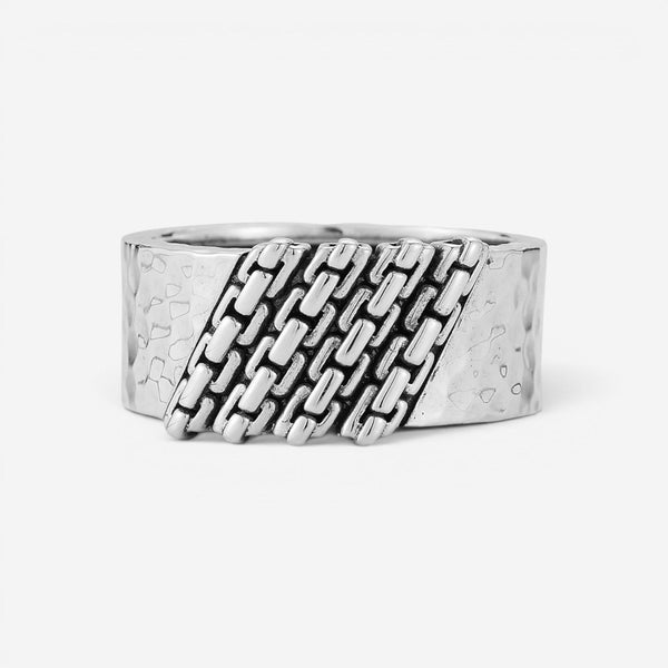 JAI Sterling Silver Hammered Box Chain Men's Ring JJH3034MR