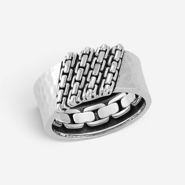 JAI Sterling Silver Hammered Box Chain Men's Ring JJH3034MR