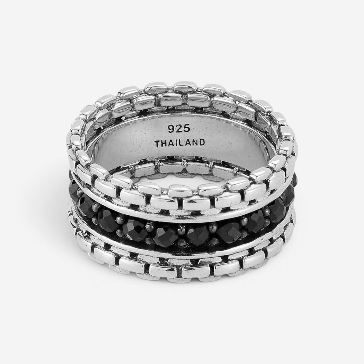 JAI Sterling Silver Black Spinel Box Chain Men's Band Ring JJH3043MR-BS