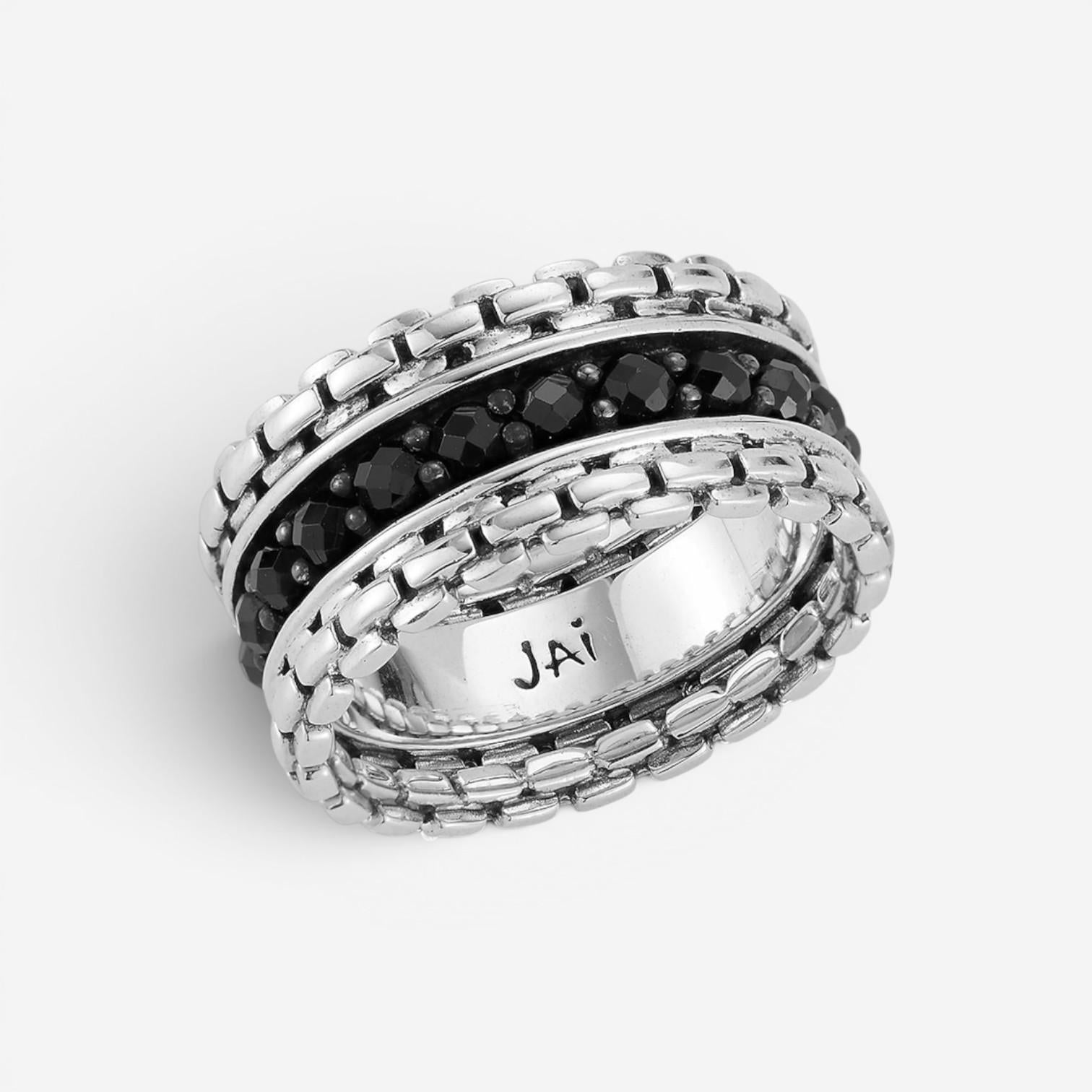 JAI Sterling Silver Black Spinel Box Chain Men's Band Ring JJH3043MR-BS